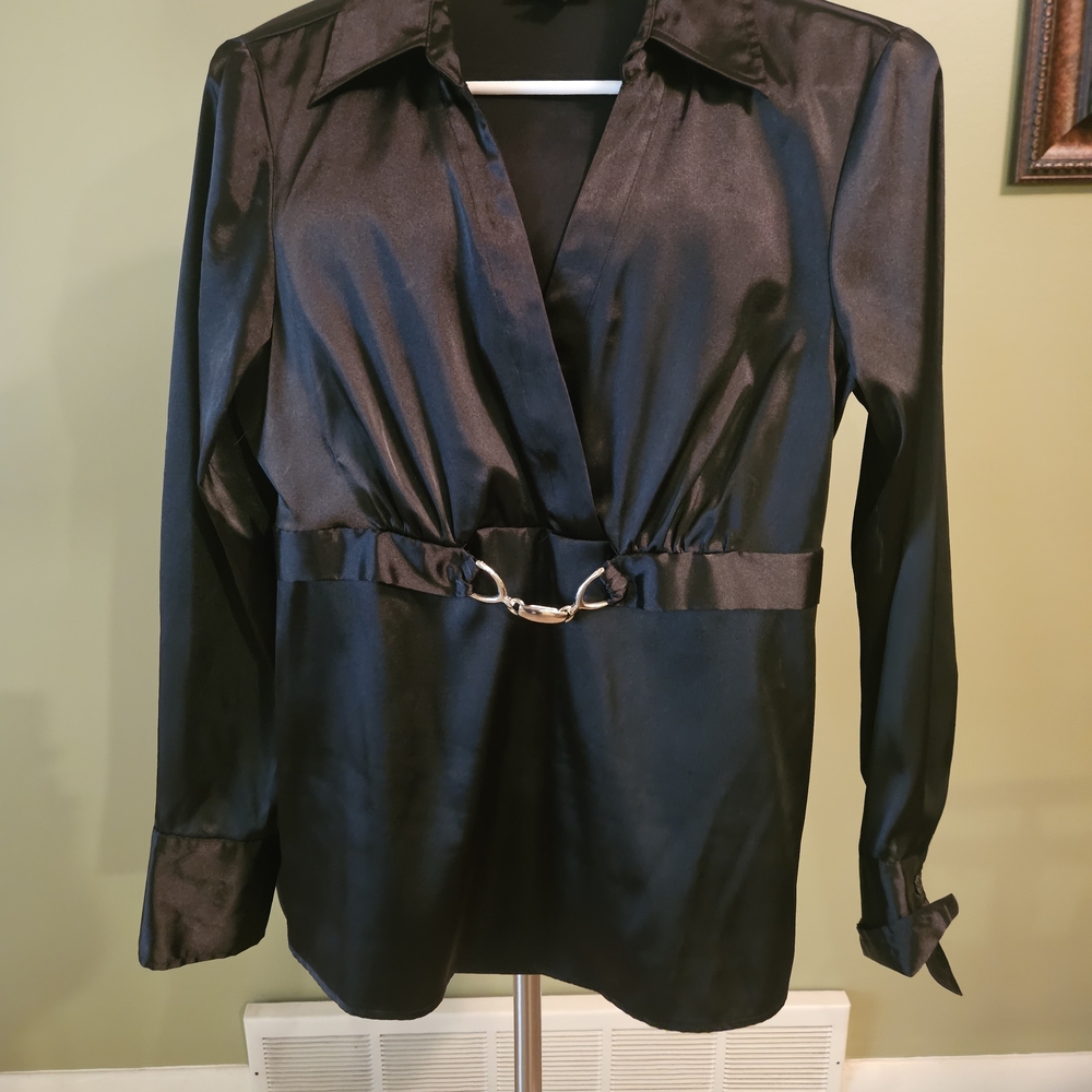 AB Studio Black Satin Long-Sleeve Wrap Blouse with Metal Ring Belt